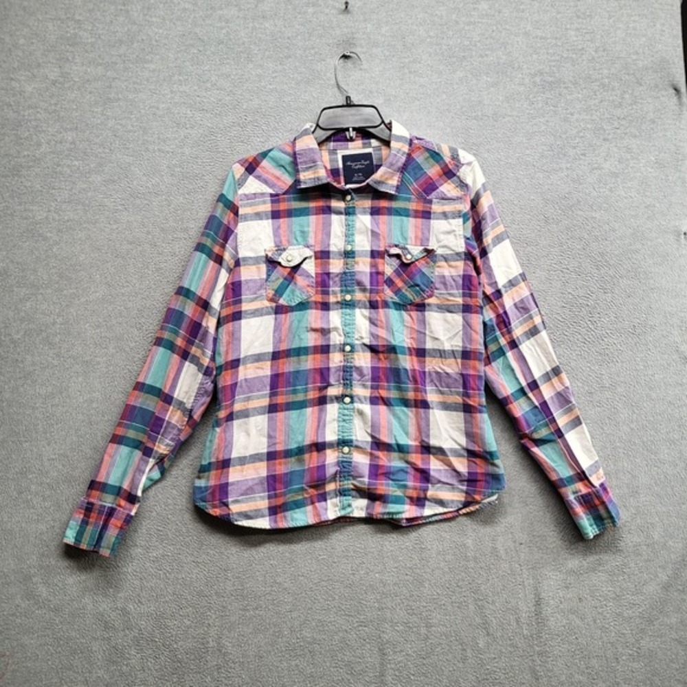 American Eagle Women Top XL Purple Madras Button Up Collar Pearl Snap Western